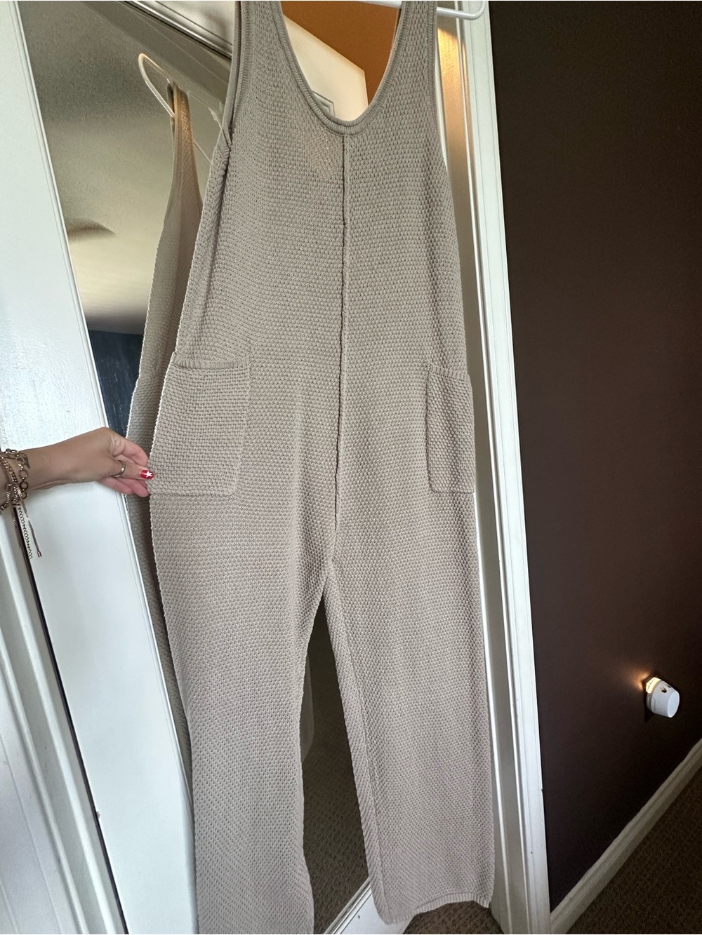 Vici Taupe Knit Tank Jumpsuit with Front Pockets
